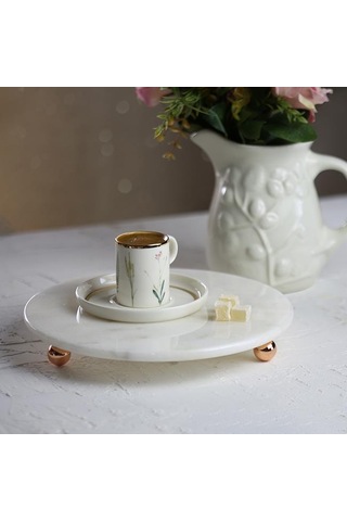 Akayev Mermer 25 CM Rose Gold Boncuk Ayaklı Beyaz Yuvarlak Sunuml