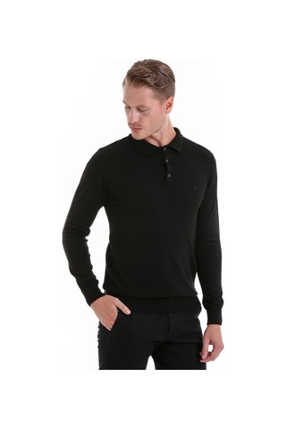 Hatemoğlu Regular Fit Düz Polo Yaka Triko Kazak Siyah