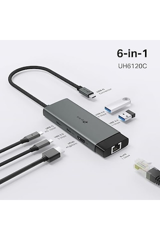 Uh6120c, 1 Hdmı, 1 100w Hızlı Şarj Portu, 1 Usb-c, 2 Usb-a 3.0 Port Ve Type C Den Gigabit Ethernet Dönüştürücü 01