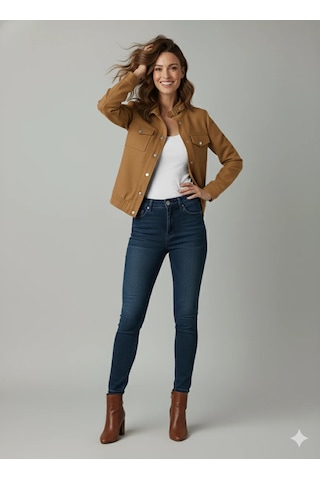 Kadın Taba Zarif Kısa Ceket Toka Detaylı Dik Yaka Cepli Süet/kaşe Baharlık Ceket Taba