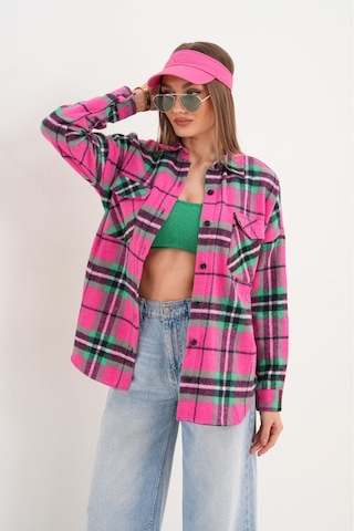 Kadın Desen Bloklu Oduncu Oversize Bol Ve Geniş Kalıp Casual Cepli Yakalı Ceket Gömlek Pembe