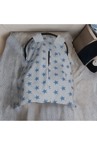 Bebek Puset Örtüsü Çift Katlı Astarlı Puset Örtüsü Mavi Yıldız Desenli Çıt Çıtlı Puset Örtüsü Mavi - Beyaz