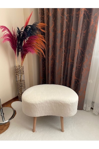 Fasulye Model Ahşap Ayaklı Teddy Kumaş Dekoratif Puf Beyaz