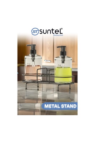Suntel Siyah Pompalı Plastik Sıvı Sabunluk Seti 2 Li Metal Standlı Siyah