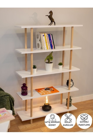 5 Raflı Modern Dekoratif Kitaplık Klasörlük Mutfak Rafı Kiler Çok Amaçlı Düzenleyici - Beyaz Beyaz