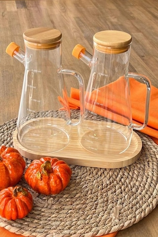 2 Adet Bambu Kapaklı Borosilikat Cam Yağlık Sirkelik 900ml Şeffaf