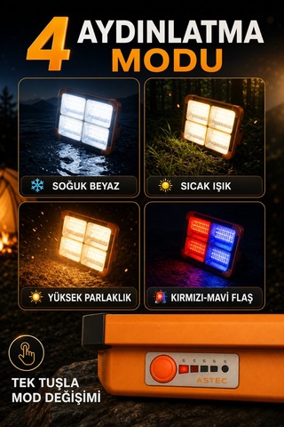 Astec Solar Şarjlı Led Projektör Powerbank Özellikli Ip66 Kamp Acil Durum Çakarlı Premium