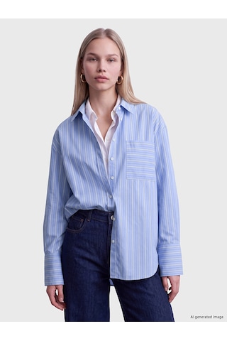 Lcw Vision Mavi Çizgili Cepli Oversize Kadın Gömlek
