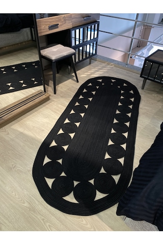 Mavaux Jüt Hasırlı El Örgüsü Kilim Siyah