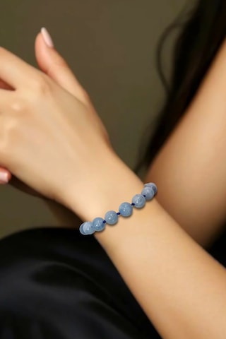Pozitif Doğal Taş 9 Mm Akuamarin Bileklik, Makrome Ayarlı 304-3 Açık Mavi