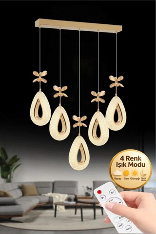 Lumia Lighting Eclipse Model 5"li Gold Kumandalı 3 Renk Modu Yemek Masası Oturma Çocuk Yatak Odası Modern Ledli Avize Altın