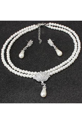 2 Adet Lüks Zarif İnci Kolye Küpe Seti Gelin Düğün Takısı Moda Mizaç Düğün Elbisesi Aksesuarları Gümüş