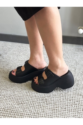 Asmi Shoes Kadın Wera Siyah İki Tokalı Kalın Taban Ortopedik Sandalet&terlik