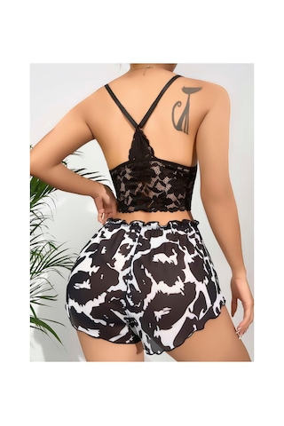 Mr Owl Kadın Siyah Leopar Desenli Dantel Detaylı Şortlu Pijama Takımı