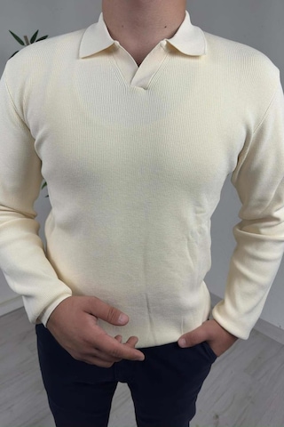 Explode - Erkek Ekru Polo Yaka Regular Triko Kazak Ekru