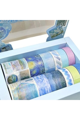 Art Vintage Washi Tape Bant Yapışkanlı Maskeleme Kağıdı Desenli Bant 12'li - Mavi Van Gogh Tabloları