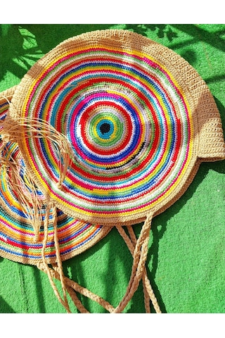 Kemzey Handmade Yuvarlak Xxl Çizgili Tote , Kağıt İp El Yapımı Renkli Çanta Çok Renkli Sarı