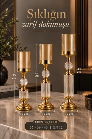 Kristal Ve Cam Detaylı Metal Şamdan Sarı