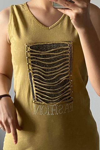 Mia Butik Kadın V Yaka Kare Pul Payetli Hardal Elbise-977 Hardal