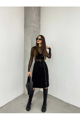 Shevega Kadın Siyah Ön Fermuar Detayli Kot Etek Siyah