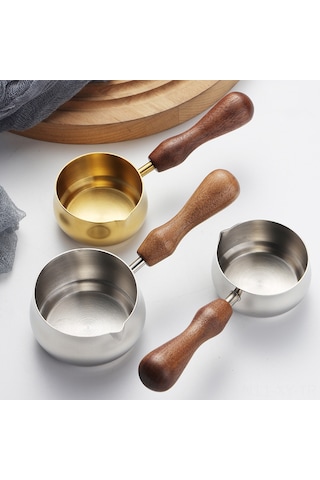 Shineyee 60ml Gümüş Küçük Boy 304 Paslanmaz Çelik Kahve Çekirdek Fincanı, Akışkan Taşıma Ağızlı, Ceviz Ağacı Saplı Sosu/süt Fincanı