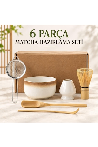 Valkyrie 6 Parça Matcha Hazırlama Seti Bambu Çırpıcı Seramik Kase Süzgeç Ölçü Ve Kaşık Kahve Kahverengi