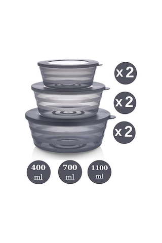 Flosoft Kapaklı Füme Saklama Kabı, Kase Çerezlik Kahvaltılık 3 Boy 6 Lı Set 2x 400ml,700ml,1100ml 6 Adet Füme