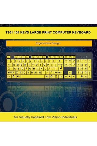 Dancemonkey 10 Sarı Renkli Kablolu Usb Büyük Baskı Klavye, Düşük Görme İçin Yüksek Kontrast, Geniş Kullanıcılar Klavyesi