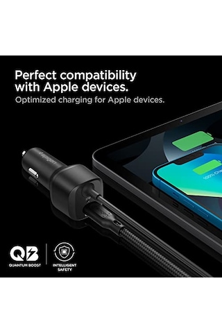 Spigen 47w Usb-c 2 Port Araç İçi Hızlı Şarj Aleti + Lightning Şarj Kablosu Güç Adaptörü Çakmaklık İphone & İpad Type-c - Acp04205 Spigen Tr li