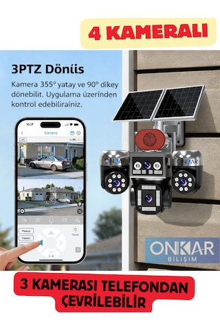Onkar 12mp 4 Kameralı 3 Kamerası Ptz 4g Esim Sim Kartlı Güneş Enerjili Güvenlik Kamerası