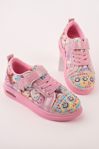 Muggo Smile Taş Detaylı Desenli Cırtlı Kız Çocuk Işıklı Günlük Sneaker Spor Ayakkabı Pudra