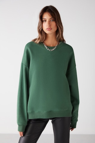 Vaneltına Kadın Içi Polarlı 3 Iplik Organik Pamuk Oversize Basic Bisiklet Yaka Yeşil Sweatshirt