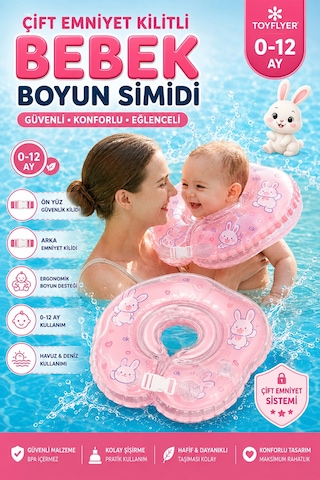 Bebek Yüzme Boyun Simidi - Güvenli Çift Tokalı Bebek Deniz & Havuz Simidi - Pembe Tavşan Figürlü Nr0