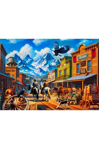 2 Adet 1000 Parça Puzzle - Aslan Kral Kedi Ve Vahşi Batı Kasabası Yapboz 68x48 Cm