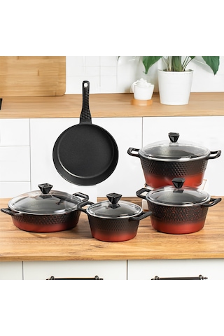 Lines L-5087 9 Parça Titanyum Döküm Tencere Seti Siyah