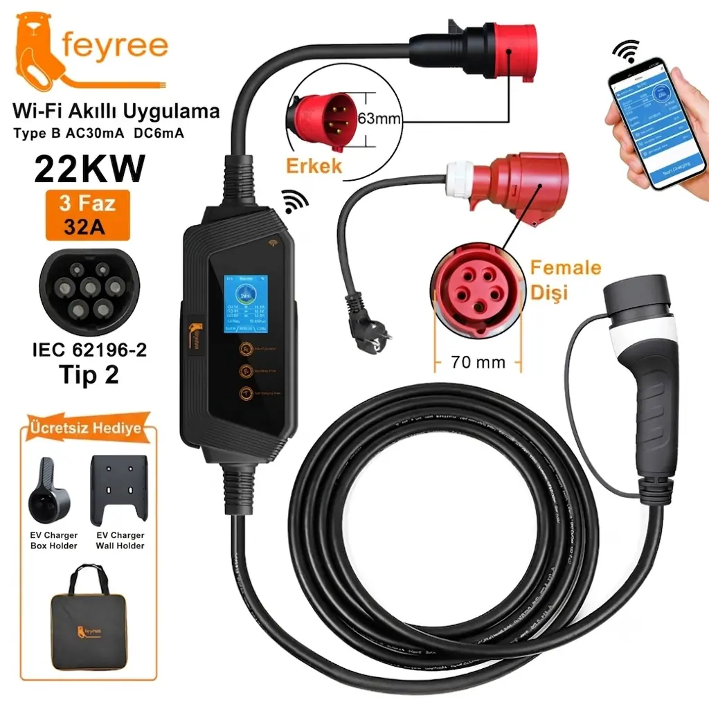 Feyree 32amper 3 Faz Tip-2 Elektriki Araç Taşınabilir Şarj İstasyonu 22kw Wıfı-app Özellikli 5metre 22 kw