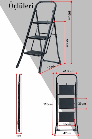 Minitower 3 Basamaklı Metal Merdiven - Ekstra Güçlü Siyah 3basamaklı