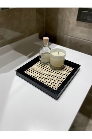 Rattan Hazeran Kare Tepsi Siyah-24x24 Cm %100 Doğal Hazeran