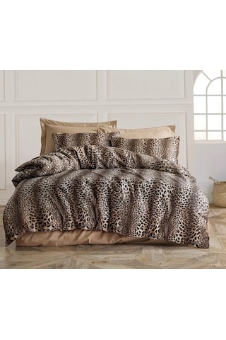 Livoras Home Çift Kişilik Nevresim Takımı Nevresim 200x 220 Çarşaf 220 X 240 Yastık 50 X 70 Cm Leopar Beyaz - Kahverengi