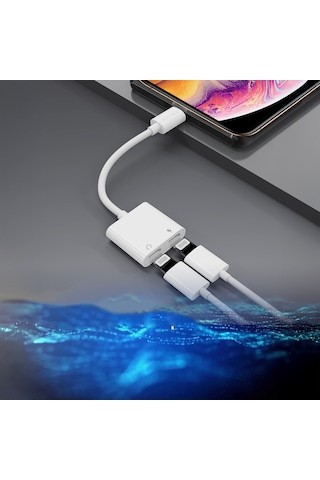 Lenyes Ax92 Lightning To Lightning 2in1 Şarj Ve Kulaklık Dönüştürücü Adaptör Beyaz Beyaz