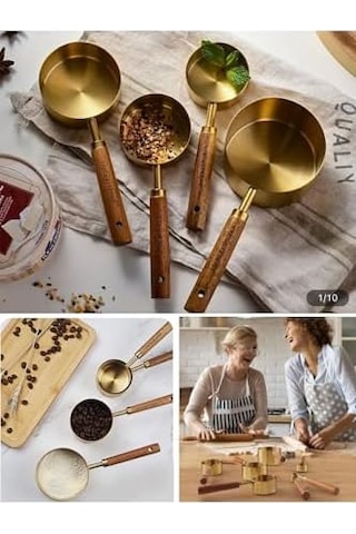 Premium Ahşap Saplı Gold Ölçü Kabı Seti - 4&apos Lü Paslanmaz Çelik Gold Ölçü Kaşığı Ve Kabı, Şef Tipi Hassas Sıvı Ve Kuru Malzeme Ölçeği, Mutfak Ve Pişirme Seti