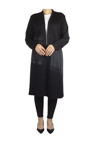 Kadın Önü Desenli Derili Bedenli Kristal Penye Hırka Nergis Hırka Siyah