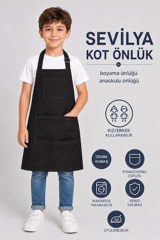 Çocuk Kot Mutfak Önlüğü Boyama Önlüğü Resim Önlüğü Anaokulu Önlüğü Siyah