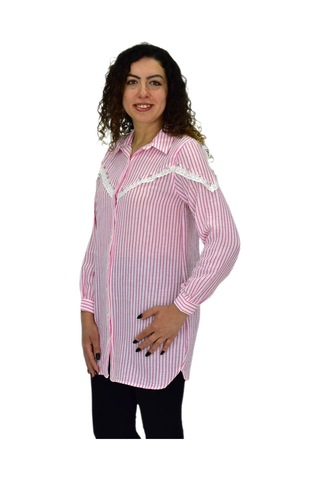 Kadın Çizğili Keten Gömlek Bgl-st03706 Pembe