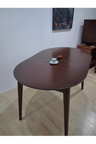 Masa Oval 90641 Retro Ayak Model Kayın Retro Açılır Parlak Ceviz Tabla El Yapım Kahverengi