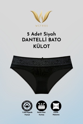 Wcreas Dantelli Pamuklu Kadın Bato Külot, 5'li Paket Pamuklu Yumuşak Kumaş Kadın Külot Siyah