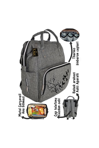 U.S.F Lüx Fonksiyonel Anne Bebek Bakım Sırt Çantası Gri