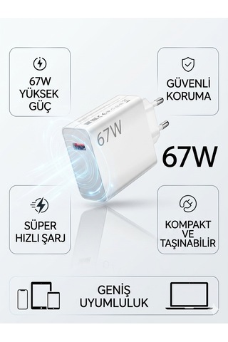 67w Turbo Süper Hızlı Şarj Adaptörü - Beyaz Usb-c Turbo Şarj Cihazı + Dayanıklı Type-c Kablo Seti
