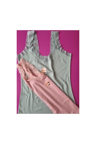 Demirsa Boutique Dantel Detaylı Modal Kumaş Askılı Yeşil Ve Pudra 2'li Kadın Atlet Yeşil-pembe1