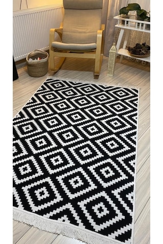Kilim Çift Taraflı Pamuklu Dokuma Modern Kilim Siyah Beyaz Kilim
